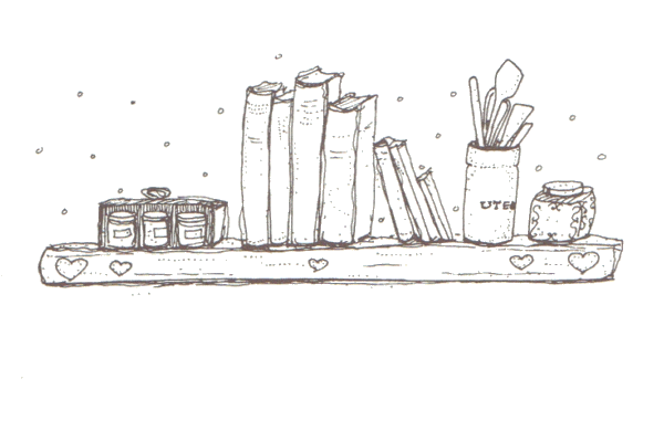 Drawing of recipe books on a shelf from page 11 of the Lunch Book
